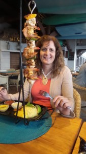 At Moby Dick's Plettenburg bay Seafood Espetada - prawns, Hake, Calamari and peppers in garlic butter with rice and dips + chocolate sponge pudding in a cup - + a vodka and lemon all for about £10 equivalent 