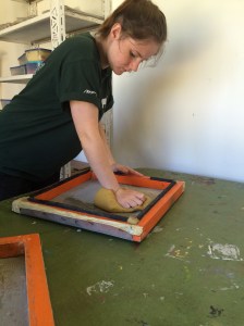 The poop patty is then flattened more with a wire screen and the excess moisture is soaked up with a sponge 